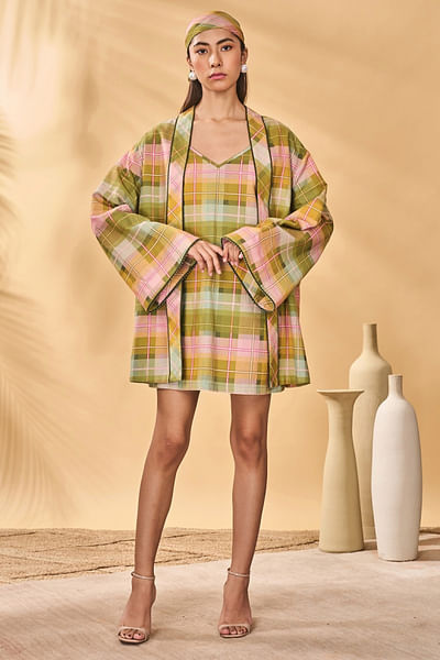 Multicolour checkered printed kimono jacket