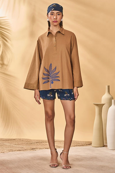 Tan and midnight palm top and printed shorts