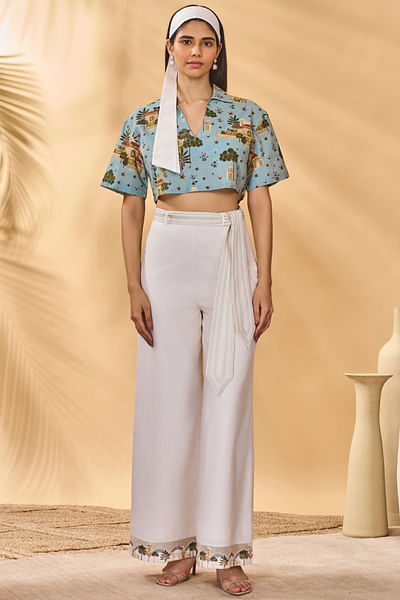 Blue and ivory miniature print top and trousers