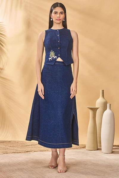 Midnight tree and dog printed denim co-ords