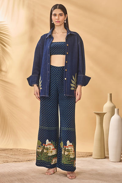Midnight trellis palm patchwork denim shirt