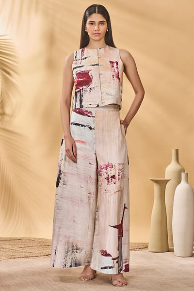Ivory and red abstract printed waistcoat