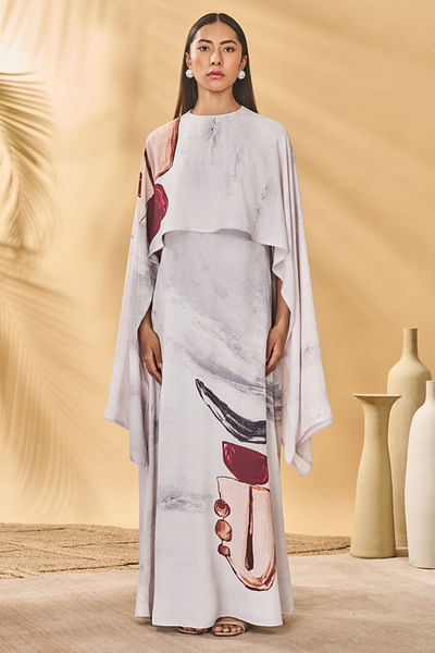 White moon and mist printed cape kaftan