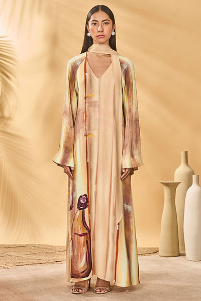 Beige rustic stroke printed reversible kaftan