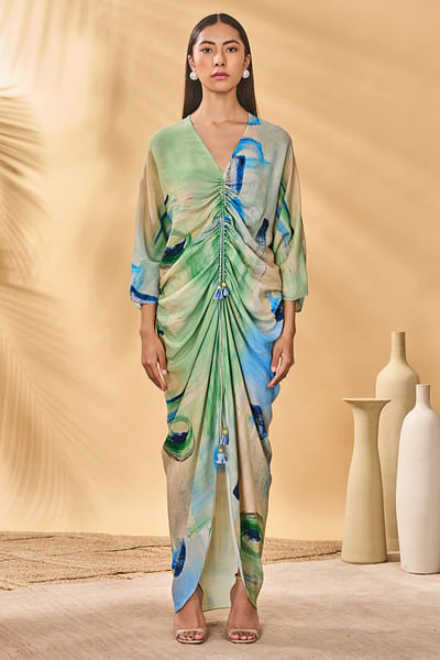Blue and green whirlwind printed kaftan