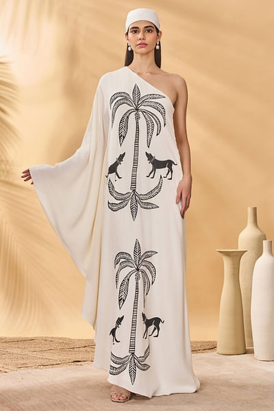 Ivory tree and dog printed one-shoulder kaftan