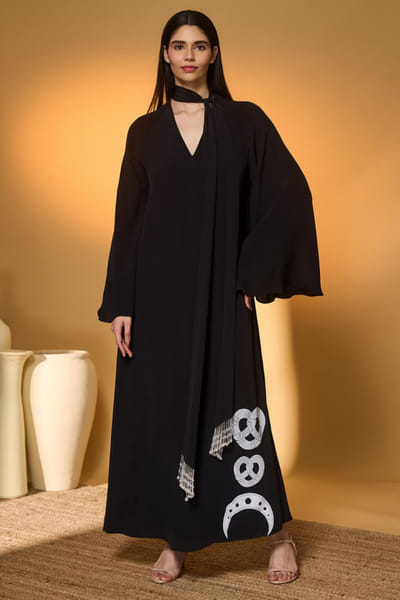 Black printed crepe silk kaftan