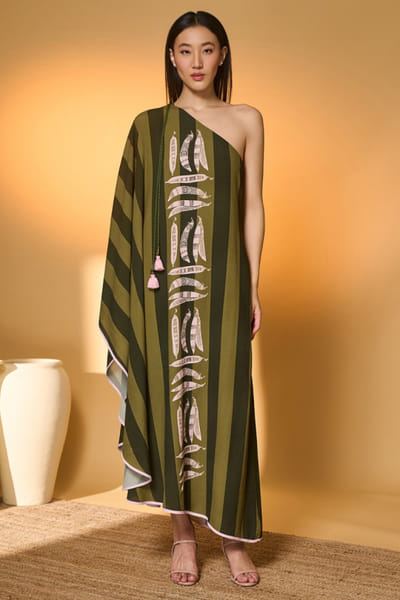 Green printed one shoulder kaftan