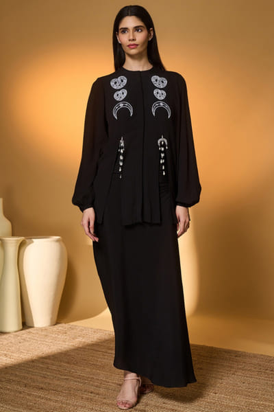 Black embroidered drape skirt set