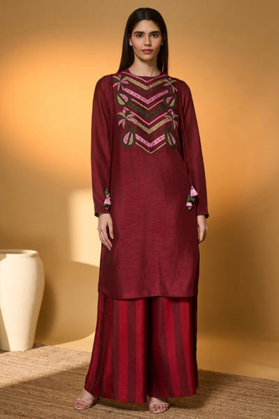Red embroidered raw silk kurta set