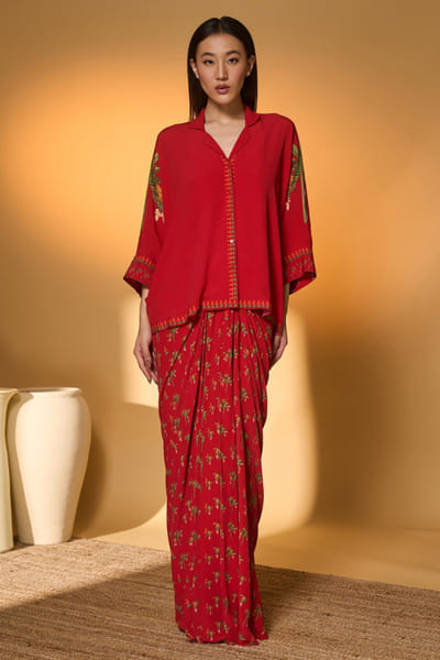 Red printed skirt set