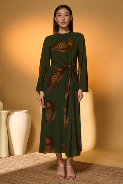 Olive printed crepe silk dress
