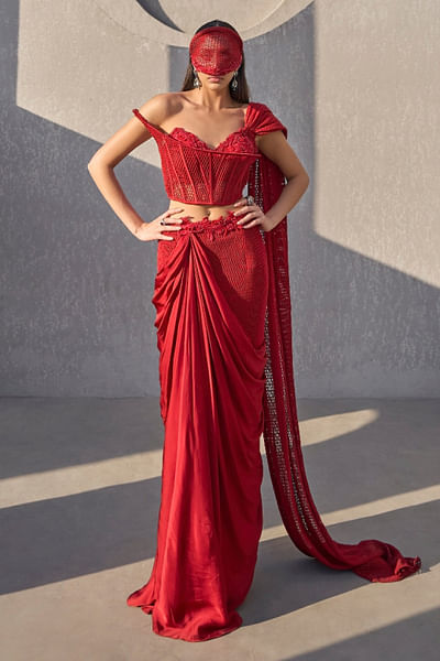 Red mesh draped skirt sari set