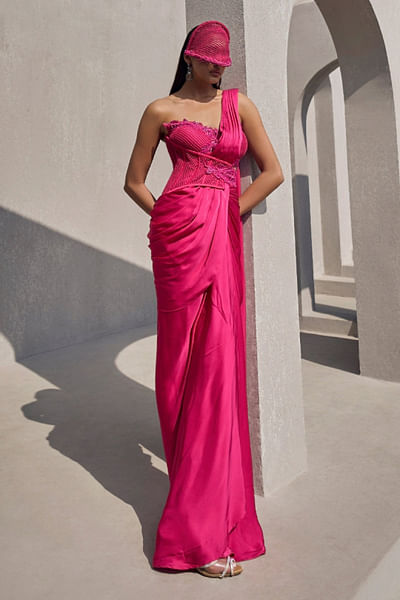 Hot pink pre-draped sari set