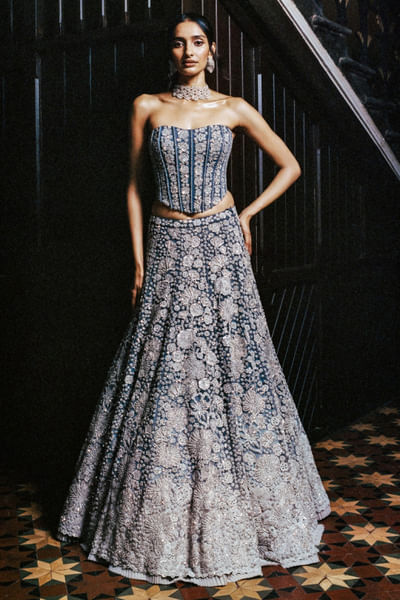 Grey ombre embroidered corset lehenga set