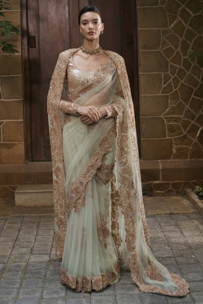 Mint green embroidered cape sari set