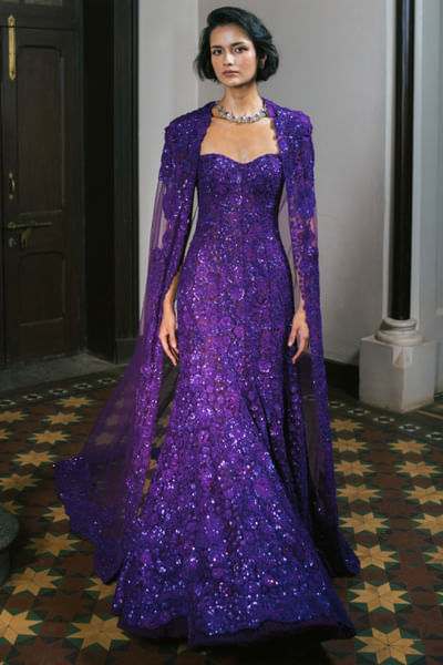 Purple embroidered cape gown