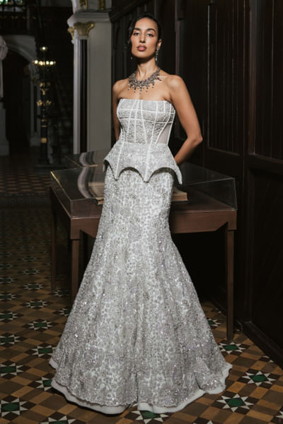 Ivory floral embroidered corset lehenga set