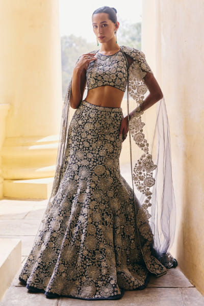 Gunmetal embroidered skirt set