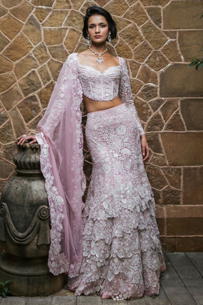 Muted pink embroidered corset lehenga set