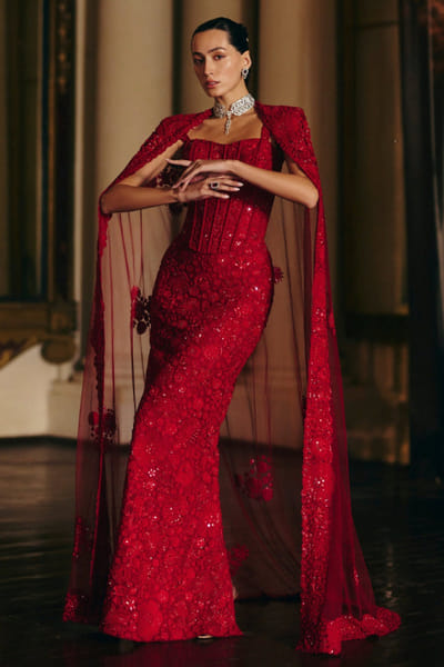 Red floral embroidered skirt set