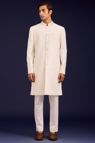 Ivory pintuck-mirror embroidered sherwani set
