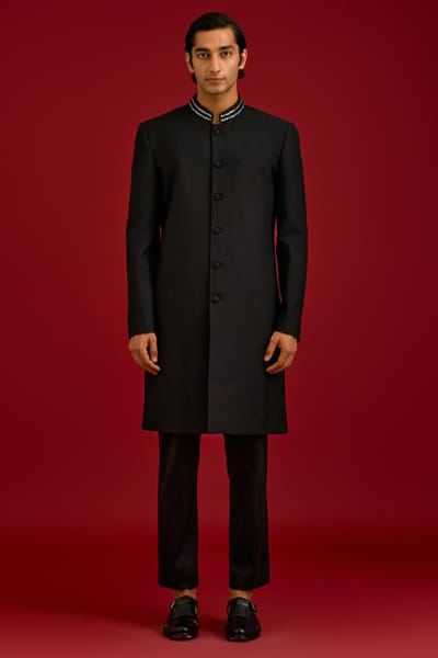 Black pintuck-mirror embroidered sherwani set