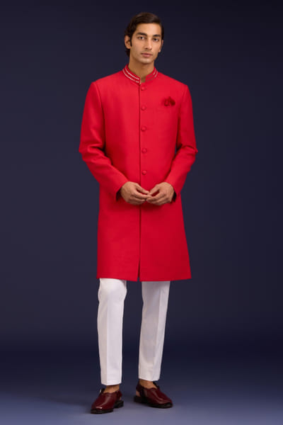 Red pintuck-mirror embroidered sherwani set
