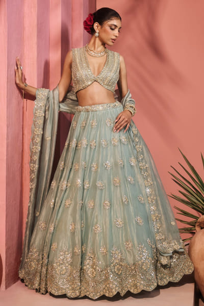 Aqua cutdana embroidered lehenga set