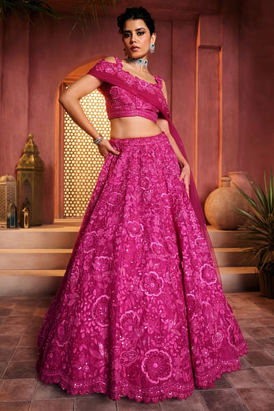 Fuchsia floral embroidered lehenga set