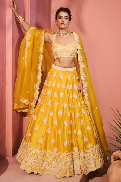 Yellow pearl embroidered lehenga set