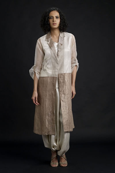 Silver beige and ivory zari woven jacket set