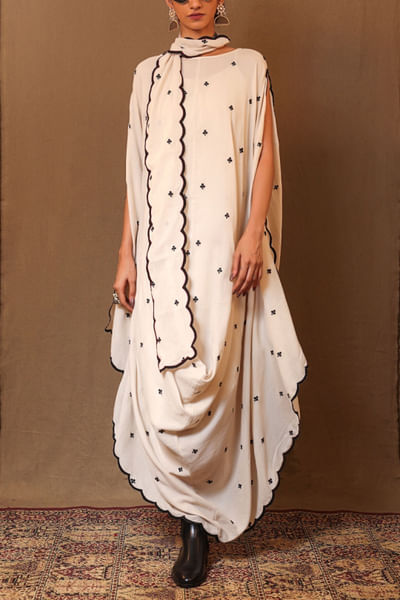 Off-white embroidered cowl dress and stole