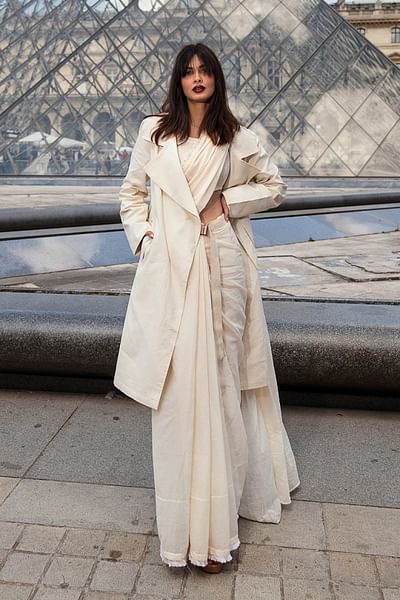 Off-white fringed saree and jacket set