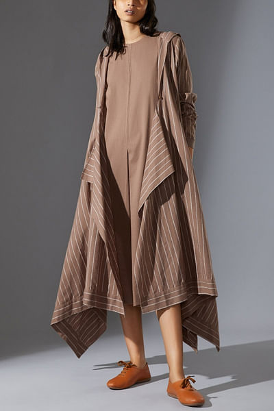 Beige stripe cotton jacket set
