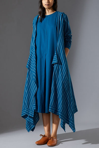 Blue stripe cotton jacket set