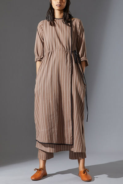 Beige stripe overlap tunic set