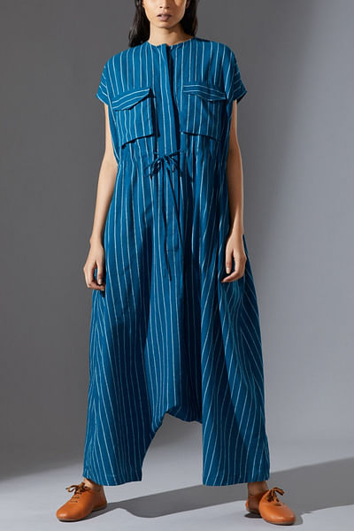 Blue handwoven cotton safari jumpsuit