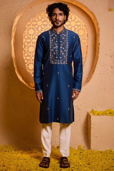 Blue motif embroidered kurta set