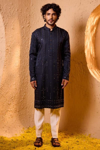 Midnight blue mirror embroidered kurta set