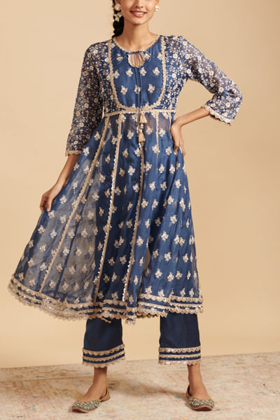 Navy embroidered anarkali and pants
