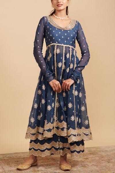 Navy embroidered anarkali and pants