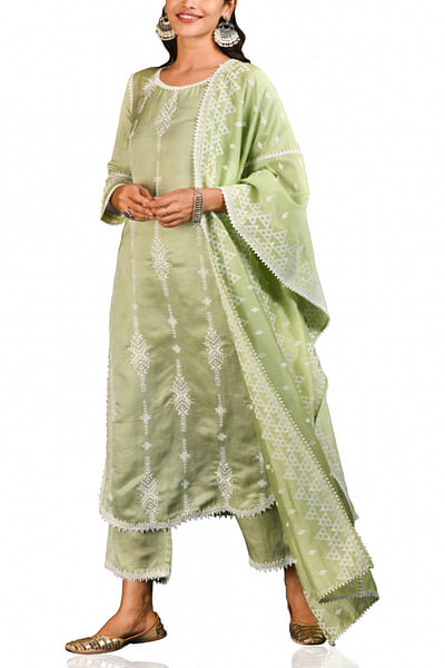 Green embroidered satin kurta set