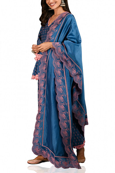 Blue embroidered peplum top and pants set