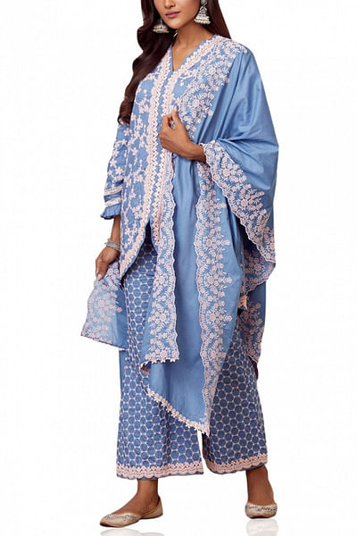 Blue embroidered kurta and bell bottoms