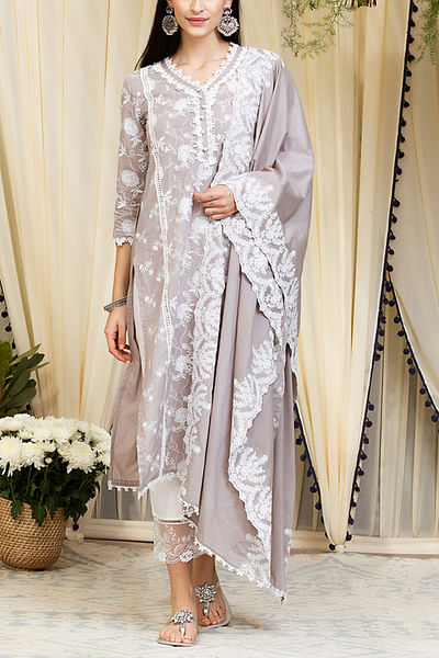 Grey floral cotton kurta set