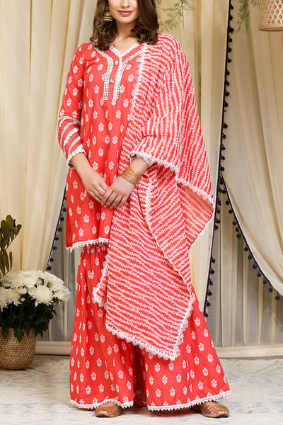 Red floral printed kurta gharara set