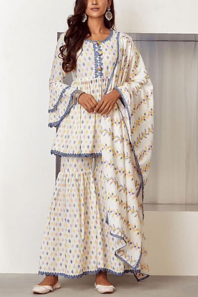 Multicoloured embroidered sharara set