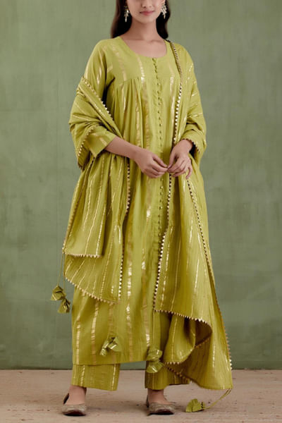 Green embroidered kurta set