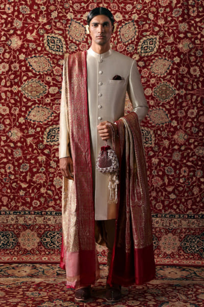 Hussain Rehar Light gold zari textured sherwani set HUSSMAY26D144419